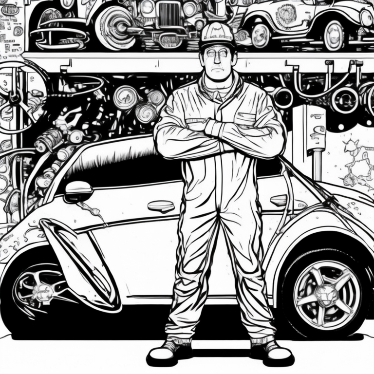 car mechanic posing against a 6 m high wall mural  coloring page