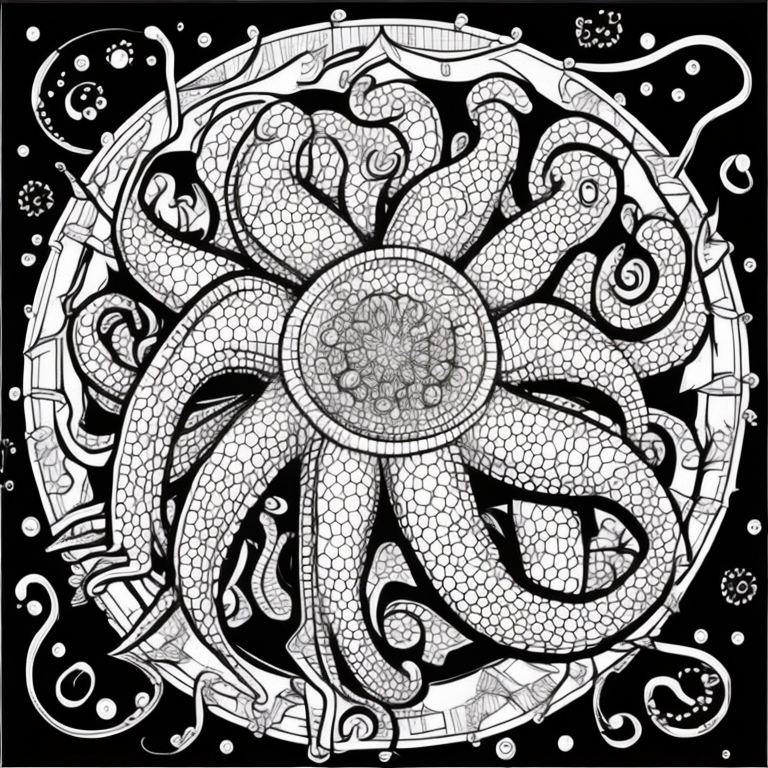Coloring adult page, mandala, line Art, octopus coloring page