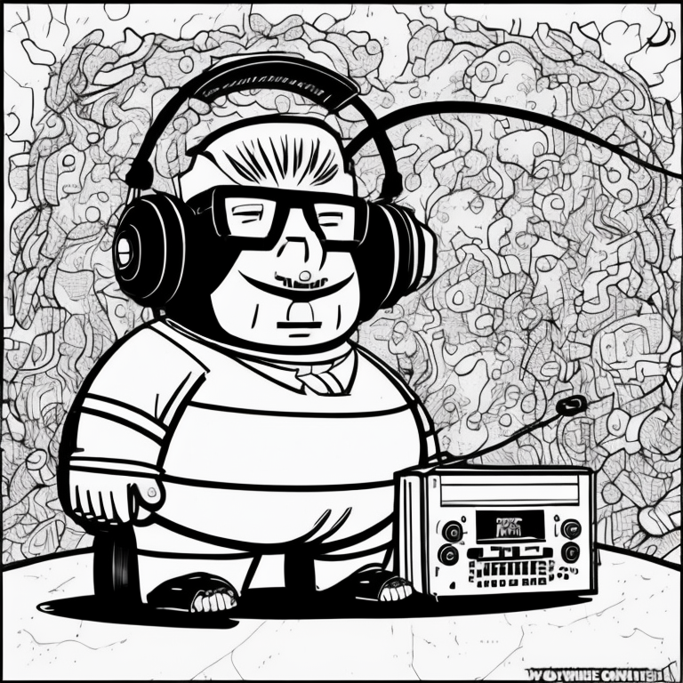 a fat, bearded man listening to a giant cassette player