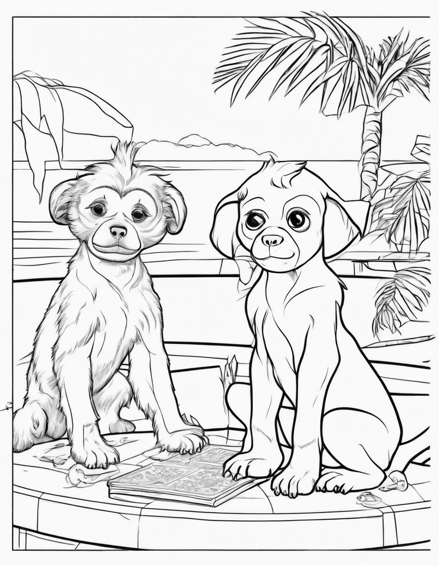 a puppy dog and a monkey playing cards by the pool coloring page