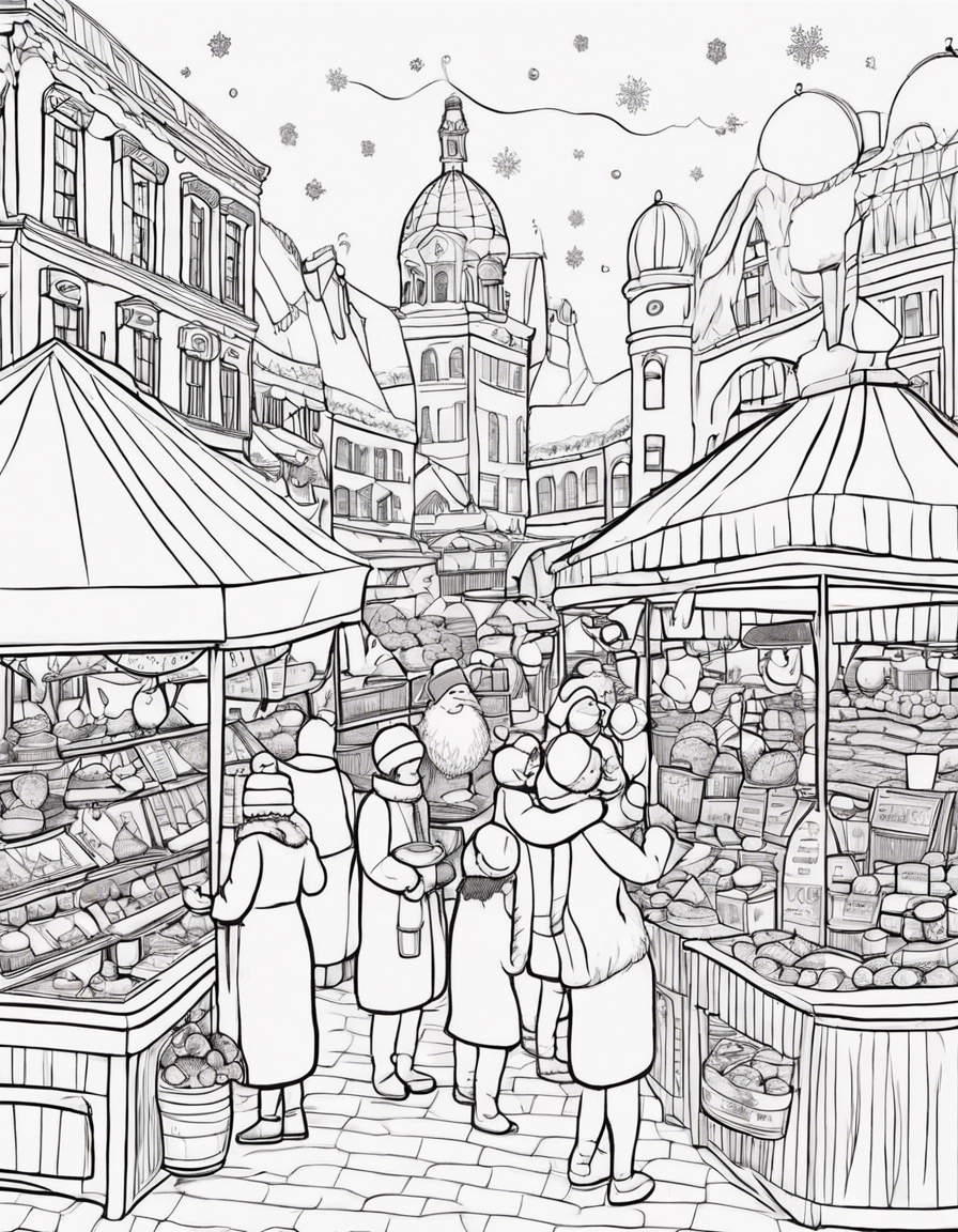 Illustrate a coloring page of a winter market with stalls selling hot cocoa, snow globes, and holiday treats. Embrace a whimsical and playful drawing style, adding a touch of childlike wonder to the scene coloring page