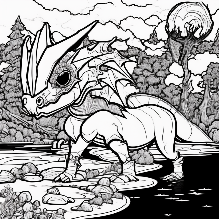 dragon cartoon and a lake coloring page