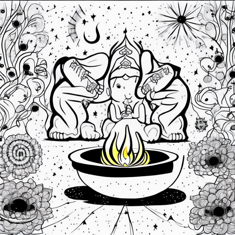 Illustrate people lighting diyas (earthen lamps) and firecrackers outside their homes to celebrate Indian festival of Diwali. coloring page