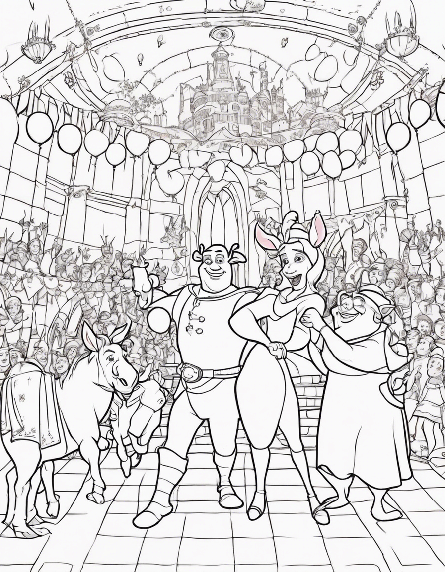 "A joyful and festive black and white line art illustration of Shrek, Fiona, Donkey, and their friends gathered together for a lively party in their castle's grand hall. The hall is decorated with colorful banners, balloons, and streamers, creating a festive atmosphere. Shrek and Fiona are shown dancing and laughing with their friends, while Donkey performs a silly dance in the center of the room. The line art is suitable for coloring, with lively and energetic lines that invite colorists to bring the celebration to life. This coloring page captures the essence of the joy and camaraderie shared between Shrek, Fiona, and their friends, and invites colorists to join in on the fun and festivities." coloring page