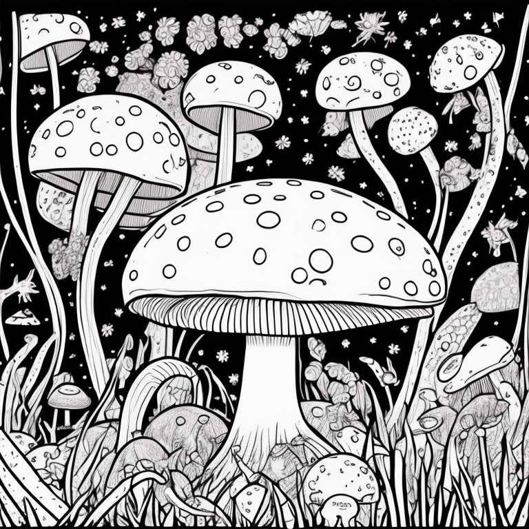 drawing for a coloring book for biologists with the theme Mushrooms. Make the most realistic drawings of the species possible, highlighting details and individualities of each one: Amanita muscaria