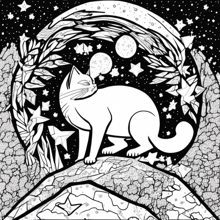 Create an adult coloring page featuring the shadow cat perched atop a mountain, gazing at the expanse of the starry cosmos.