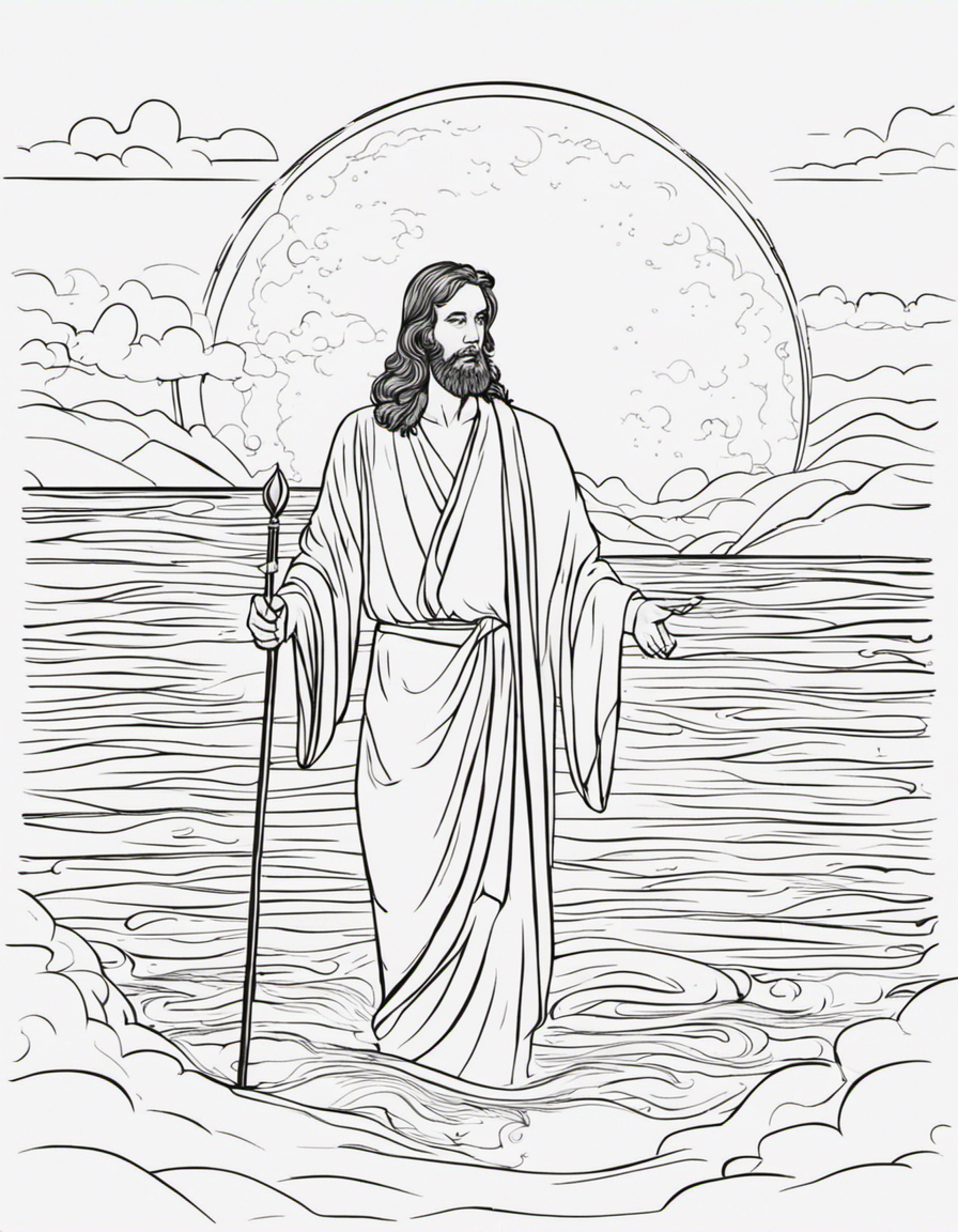 create a coloring page with few details of Jesus walking on the water, a full moon in the background and a calm sea coloring page