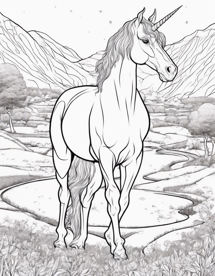 unicorn standing in a valley coloring page