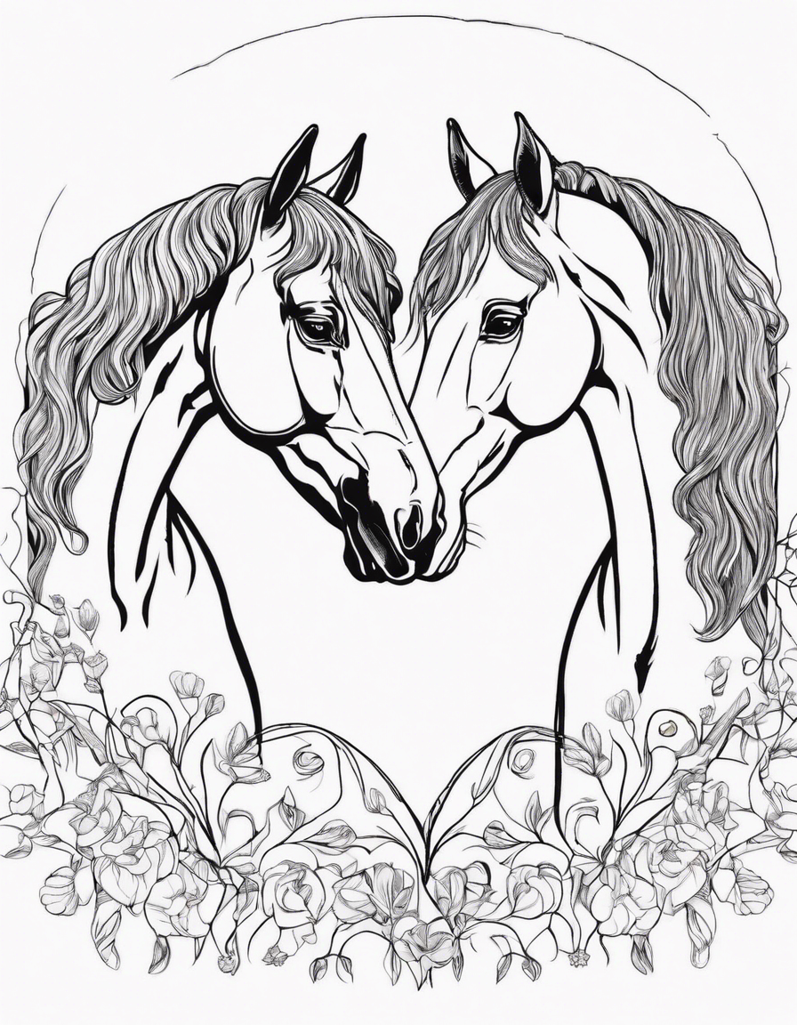 two horses making heart with white background coloring page