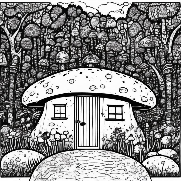 mushroom shaped house, cute coloring page