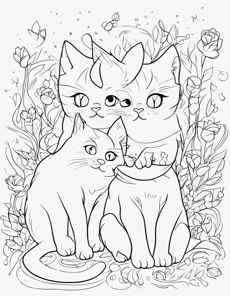 kawaii kittens playing with yarn. big sparkly eyes. high detail coloring page