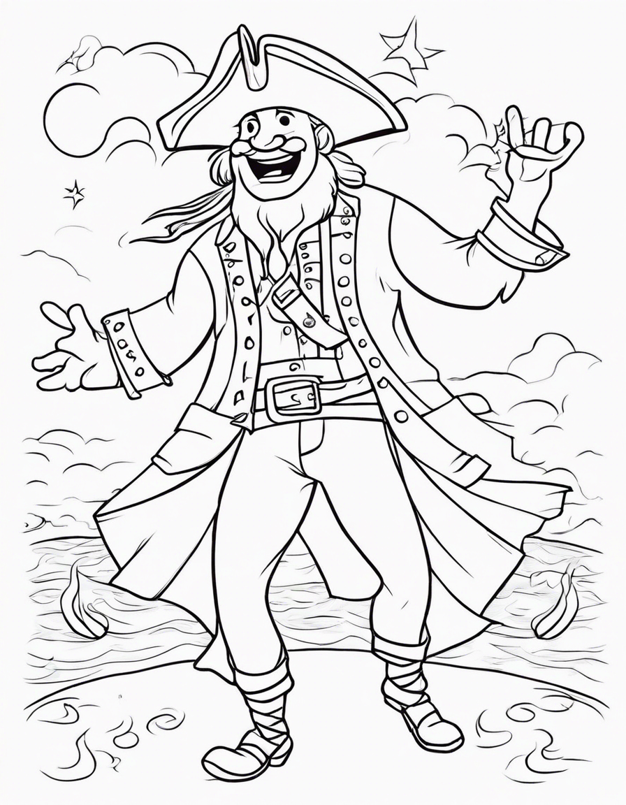 Cheerful pirate dancing, outlined in black and white with clear, thick lines for a preschool coloring book, simple cartoon style, isolated on a white background coloring page