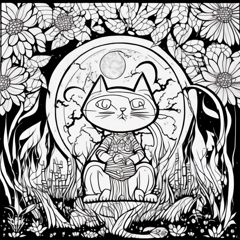 Create an adult coloring page of the shadow cat under the full moon, with an ancient altar adorned with mystical runes and lit candles. Embrace clean and simple lines, providing easily colorable outline lines. Emphasize a continuous line drawing style, incorporating minimalist details and a simplified aesthetic. The image should be in black and white, devoid of shadows, standing out against a white background. Draw inspiration from the artistic trend prevalent on ArtStation, ensuring sharp focus and intricate details.