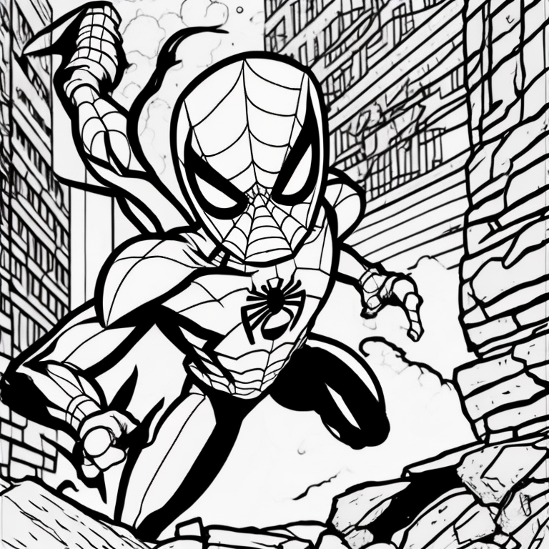 Produce printable coloring pages of Spider-Man for kids. Design bold outlines capturing Spider-Man in different action poses. Ensure the images are suitable for coloring activities. Craft engaging and clear illustrations for coloring enjoyment."