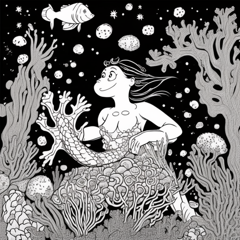 mermaid in a coral reef coloring page