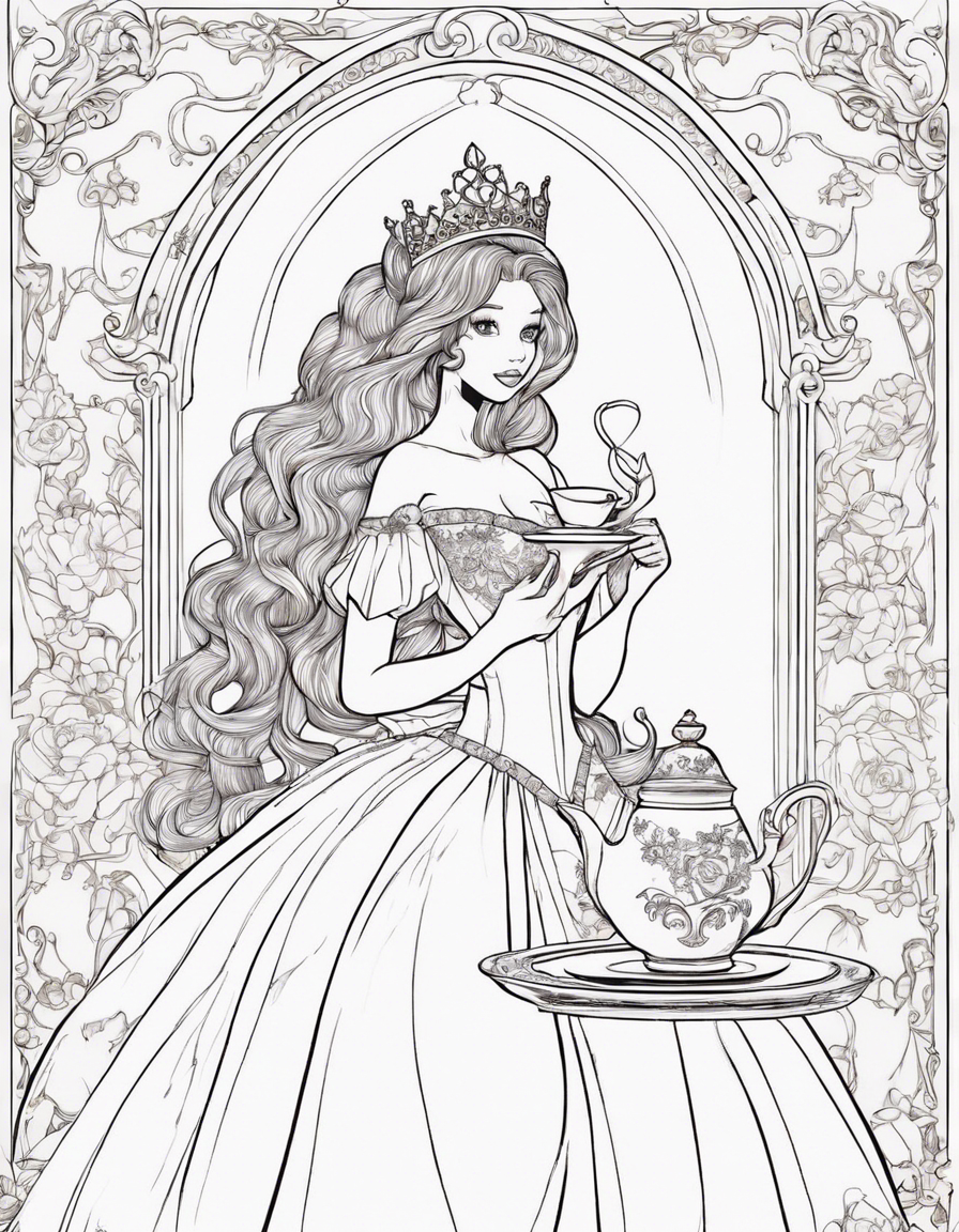 Princess: The central figure of the illustration should be a princess drinking tea or holding a cup. She can be depicted wearing a beautiful gown or dress, with a crown or tiara on her head to signify her royalty. Tea Set: Include a tea set with a teapot, teacup, and saucer. The tea set can be ornate and elegant, reflecting the princess's refined taste. Flowers: The illustration should have an abundance of flowers surrounding the princess. Use a variety of colorful flowers like roses, daisies, tulips, and lilies to create a vibrant and enchanting atmosphere. Tea Party Setting: Create a cozy and picturesque scene by including a table or picnic blanket with a floral tablecloth where the princess can enjoy her tea. Add teacups, plates, and utensils to enhance the tea party ambiance. Nature Elements: Incorporate natural elements like trees, bushes, grass, or a meadow in the background to give the illustration depth and context. This will also complement the princess's surroundings in the flower-filled environment. Butterflies and Birds: To add an extra touch of whimsy, include butterflies fluttering around the flowers or birds perched on branches nearby. This will bring life to the illustration and create a sense of movement. Delicate Details: Pay attention to small details, such as the princess's facial expression, hair, and clothing details. Add intricate patterns to her attire or jewelry to make her look regal and elegant. Soft Color Palette: Opt for a soft and pastel color palette to maintain a gentle and dreamy atmosphere. Light pinks, purples, and blues can be used for the princess's dress and the flowers, while greens and browns can be used for the natural elements. Error-Free Execution: Ensure that the design is meticulously executed, with clean lines, smooth color transitions, and attention to proportion and perspective. Avoid any glaring errors or inconsistencies that may distract from the overall beauty of the illustration. coloring page