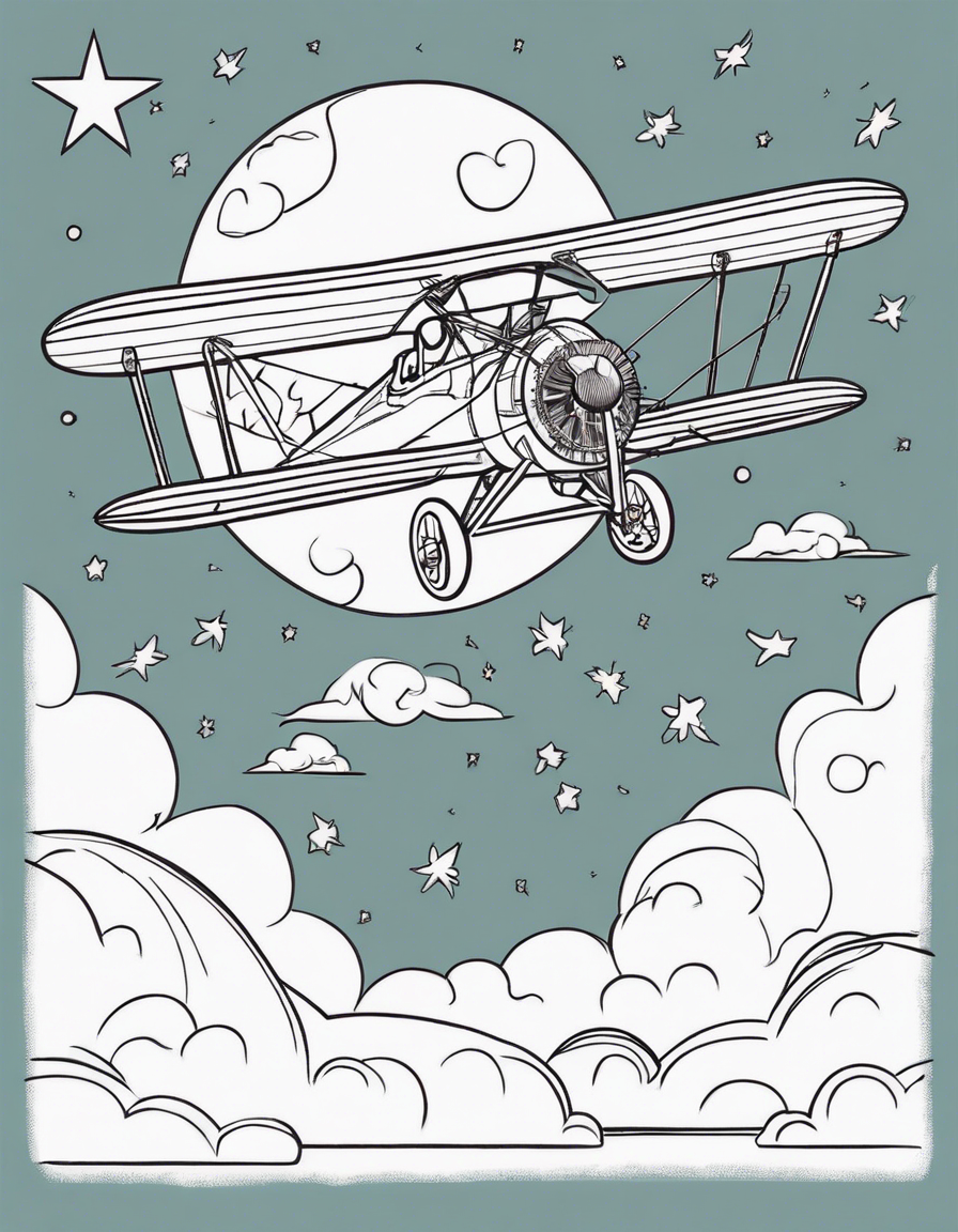 a moth flying a biplane to the moon wearing a cowboy hat coloring page