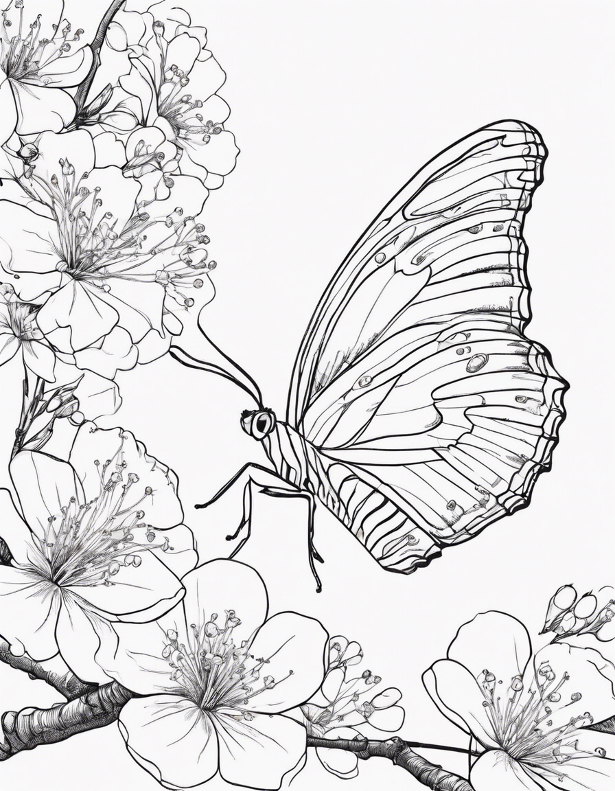 A Butterfly Landing on Cherry Blossom Branch coloring page