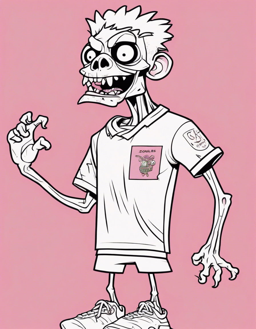 A cartoon character, zombie stands on a pink background, wearing sneakers, Fluminense Football Club shirt. The character's tongue stands out, adding to the fun and quirky nature of the scene. coloring page