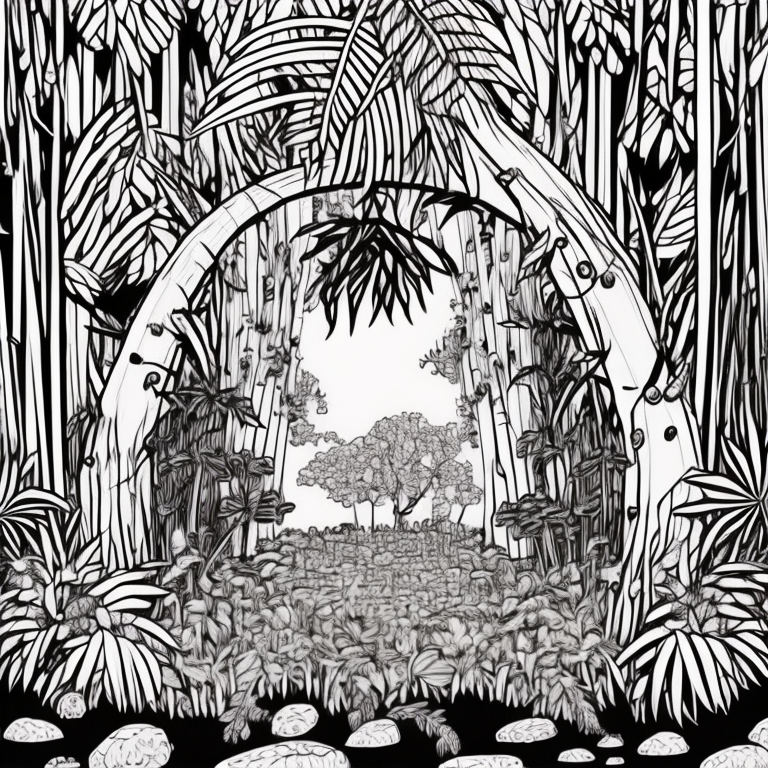 -	Un bosque tropical con árboles grandes y robustos, que dan sombra, en cuyo piso hay solo pasto tupido como gras podado, pequeños helechos, y una gran piedra cubierto por musgo coloring page