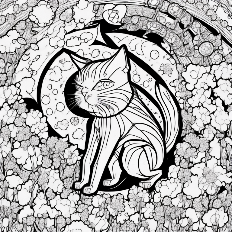 Create an adult coloring page featuring the shadow cat amidst celestial clouds, its wings blending harmoniously with the starry sky