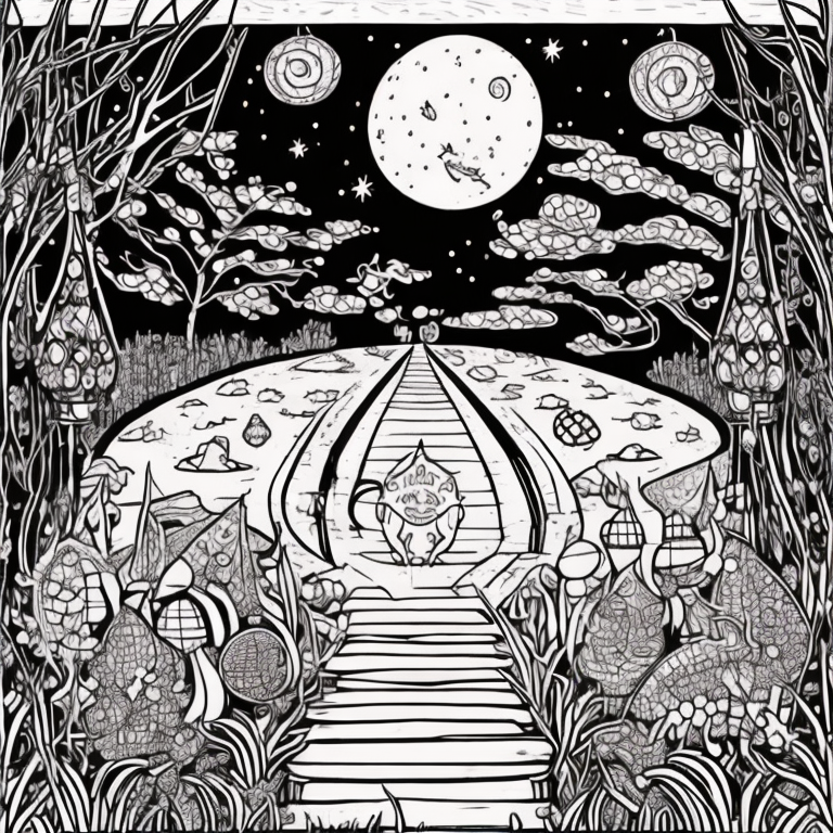 Design an adult coloring page illustrating the shadow cat's presence during a tranquil moonlit ceremony. Depict lanterns gently floating on a serene lake, casting a soft reflection. Convey the essence of ancestral spirits guided by lantern light. Design the scene with intricate details, excluding extra shading or colors for an immersive hand-coloring experience.