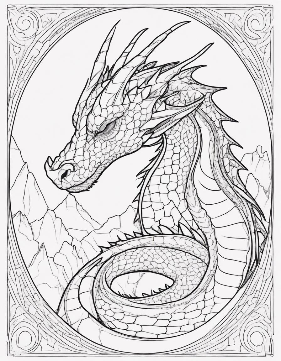 closeup of a dragon curled up sleeping with no greyscale coloring page