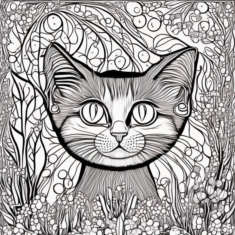 Engaging adult coloring book cover, shadow cat depicted in continuous line style, expressive eyes exuding curiosity and mystery, scene gradually unfolding to reveal surroundings, selective hand-colored details, seamless transition from black and white to hand-colored elements along the spine, back cover entirely hand-colored.