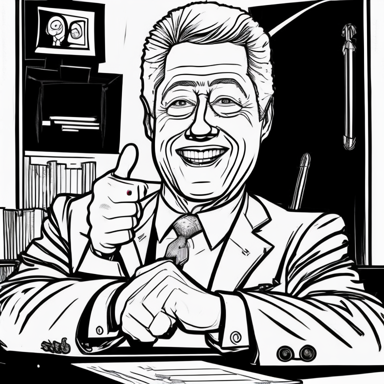 president clinton giving the thumbs up and smiling while sitting behind a desk in the oval office coloring page
