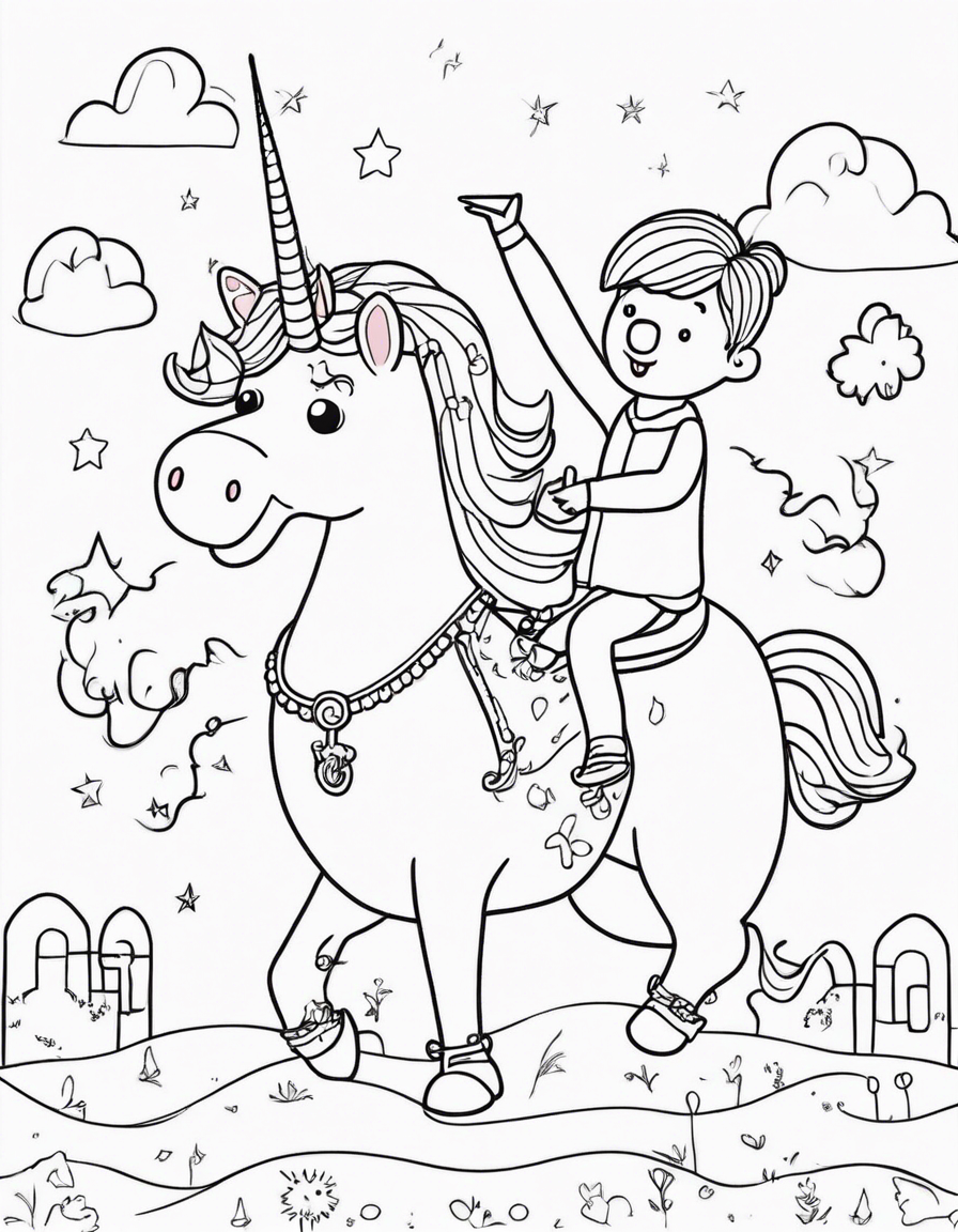 peppa pig riding a unicorn coloring page