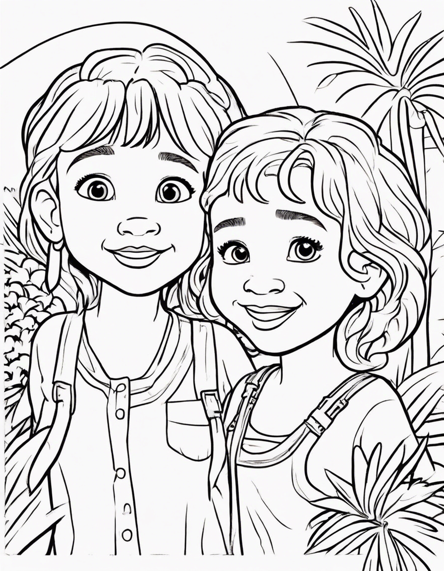 In Hawaii, Add Aunty with short curly hair, with her two nieces, both with straight hair, one is 3 years older, the other is one year old, big cute eyes, pixar style, simple outline and shapes, coloring page black and white comic book flat vector, white background coloring page