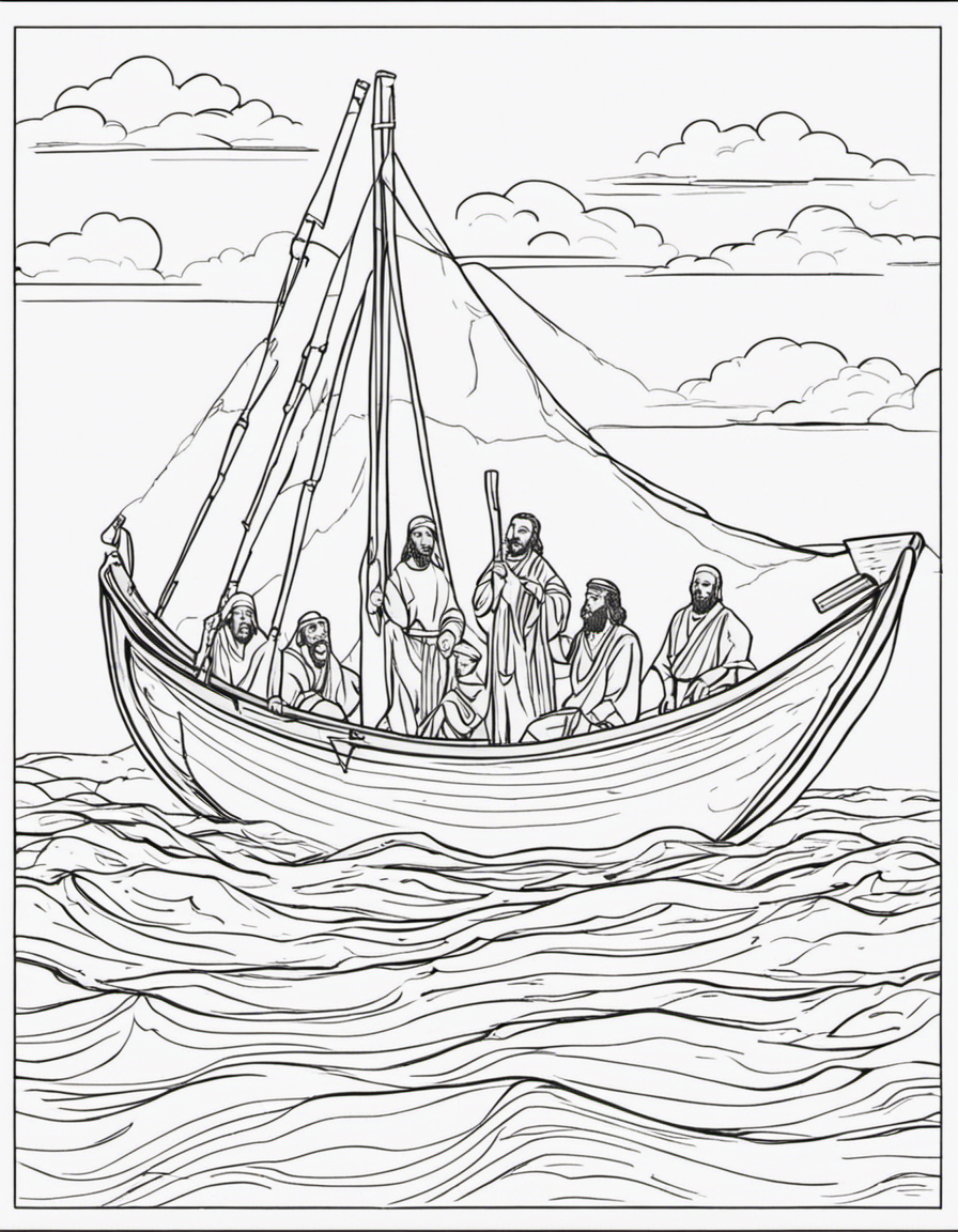 Jesus and his disciples on a fishing boat, casting their nets into the sea. coloring page