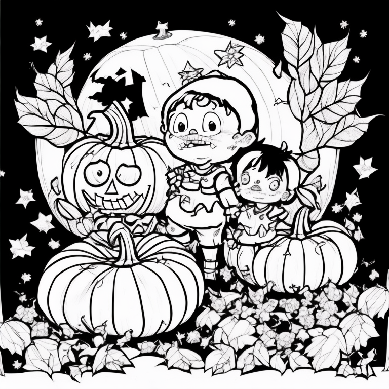 cartoon pumpkin patch with kids in halloween costumes playing in the leaves  coloring page