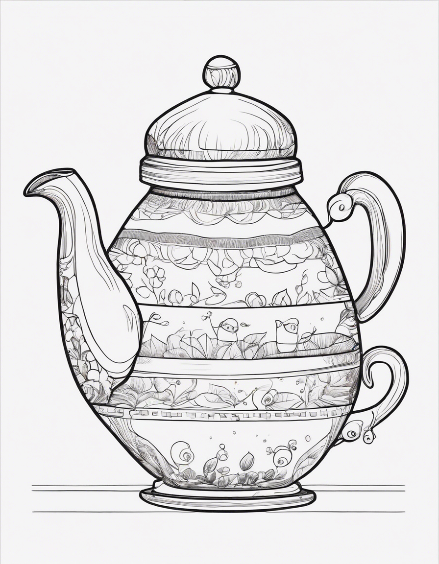 cute dancing teapot and plates on side coloring page