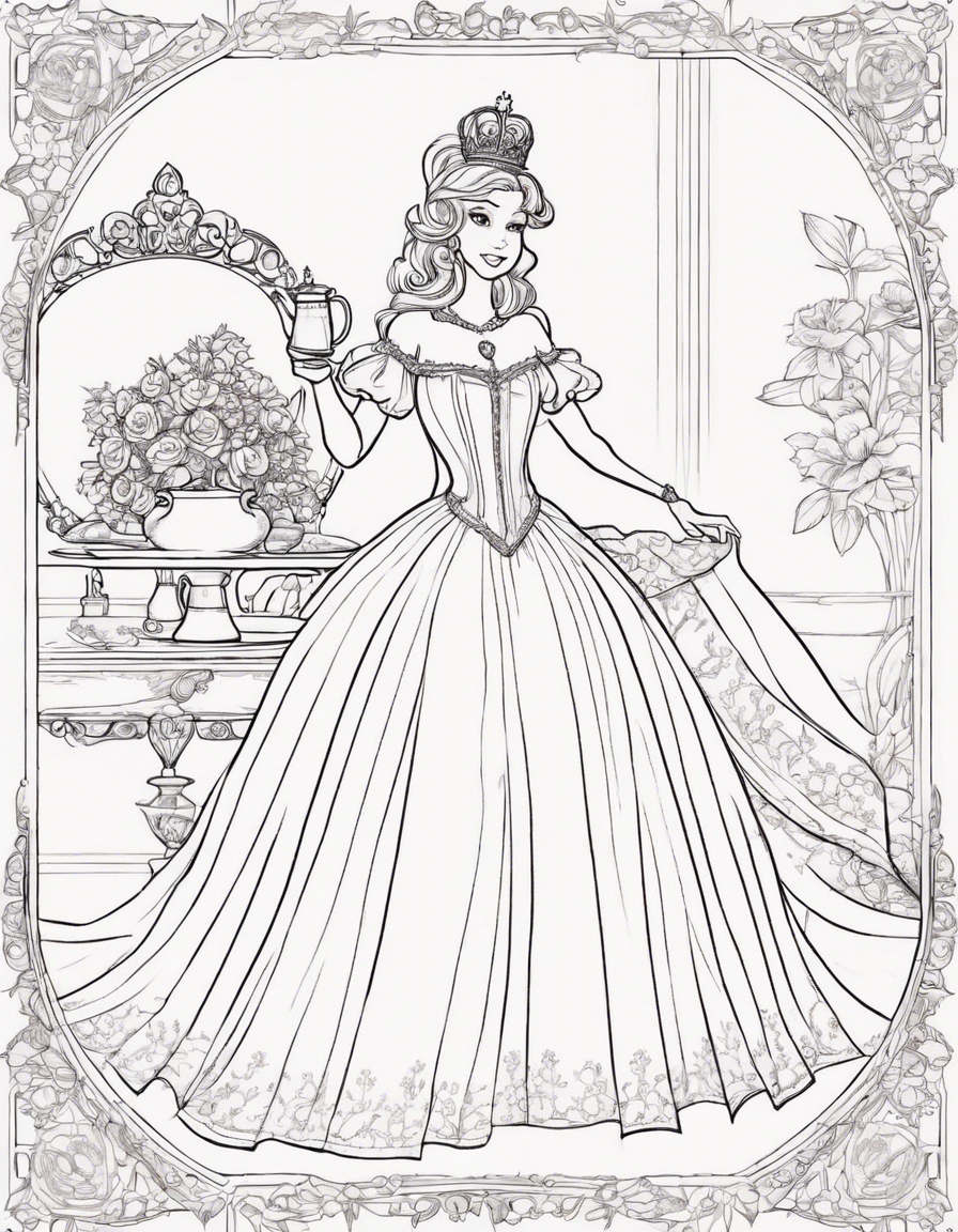 Princess: The central figure of the illustration should be a princess drinking tea or holding a cup. She can be depicted wearing a beautiful gown or dress, with a crown or tiara on her head to signify her royalty. Tea Set: Include a tea set with a teapot, teacup, and saucer. The tea set can be ornate and elegant, reflecting the princess's refined taste. Flowers: The illustration should have an abundance of flowers surrounding the princess. Use a variety of colorful flowers like roses, daisies, tulips, and lilies to create a vibrant and enchanting atmosphere. Tea Party Setting: Create a cozy and picturesque scene by including a table or picnic blanket with a floral tablecloth where the princess can enjoy her tea. Add teacups, plates, and utensils to enhance the tea party ambiance. Nature Elements: Incorporate natural elements like trees, bushes, grass, or a meadow in the background to give the illustration depth and context. This will also complement the princess's surroundings in the flower-filled environment. Butterflies and Birds: To add an extra touch of whimsy, include butterflies fluttering around the flowers or birds perched on branches nearby. This will bring life to the illustration and create a sense of movement. Delicate Details: Pay attention to small details, such as the princess's facial expression, hair, and clothing details. Add intricate patterns to her attire or jewelry to make her look regal and elegant. Soft Color Palette: Opt for a soft and pastel color palette to maintain a gentle and dreamy atmosphere. Light pinks, purples, and blues can be used for the princess's dress and the flowers, while greens and browns can be used for the natural elements. Error-Free Execution: Ensure that the design is meticulously executed, with clean lines, smooth color transitions, and attention to proportion and perspective. Avoid any glaring errors or inconsistencies that may distract from the overall beauty of the illustration. coloring page