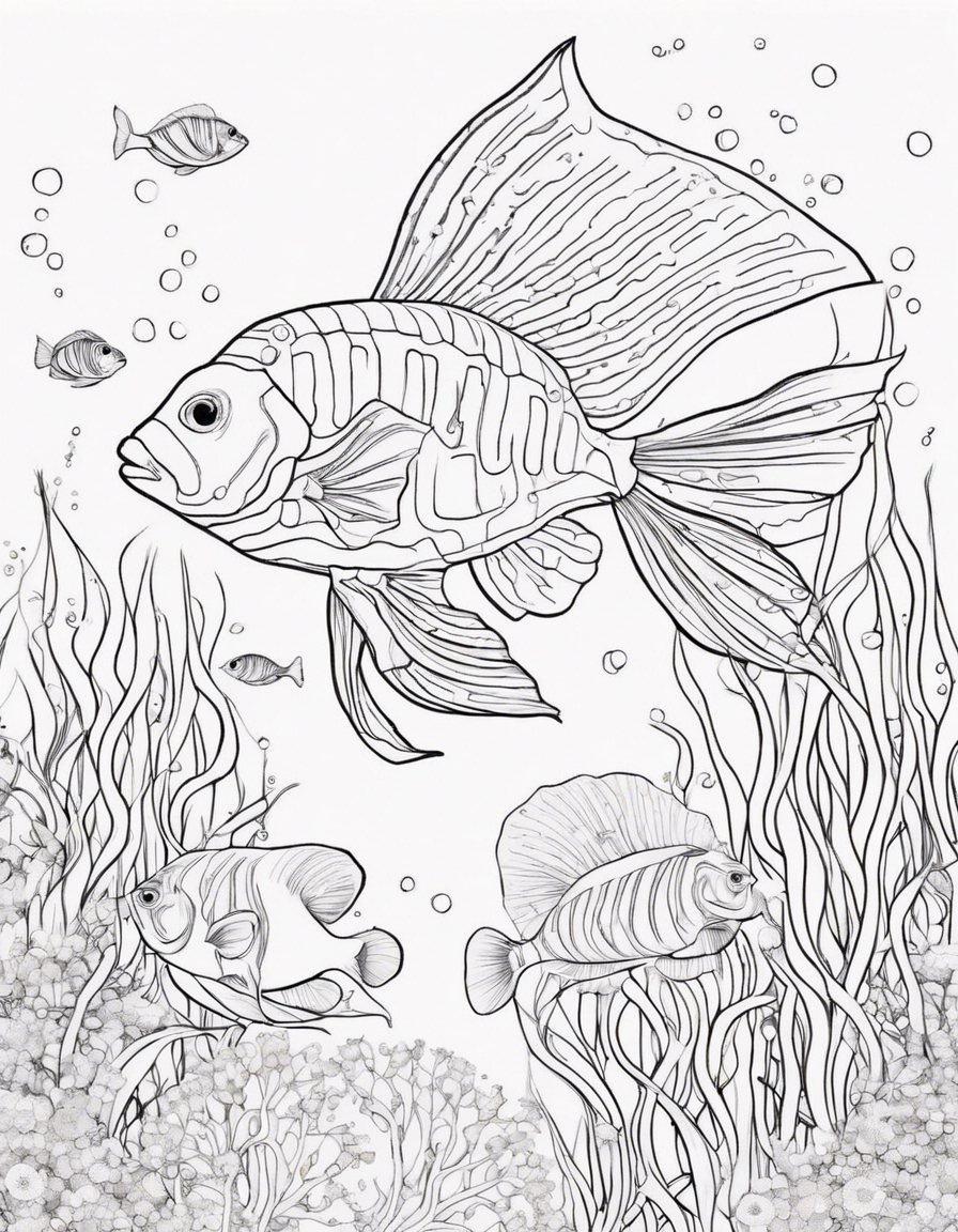 Serelepe Subaquático: Desenhe uma criatura marinha adorável com escamas brilhantes e uma cauda que se parece com uma flor. Ela adora brincar entre as algas marinhas. coloring page