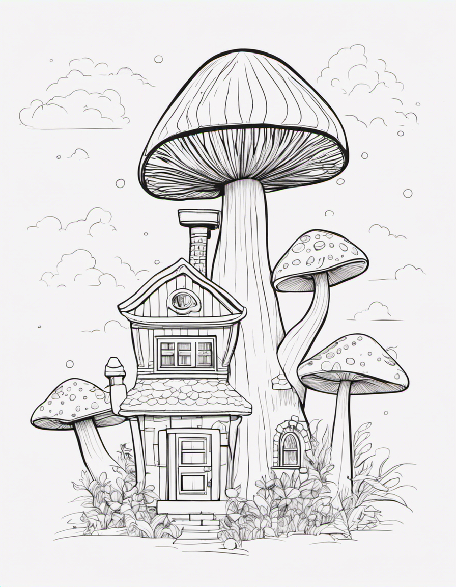 mushroom shaped house, cute coloring page