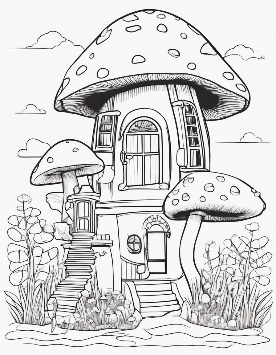 mushroom shaped house, cute coloring page