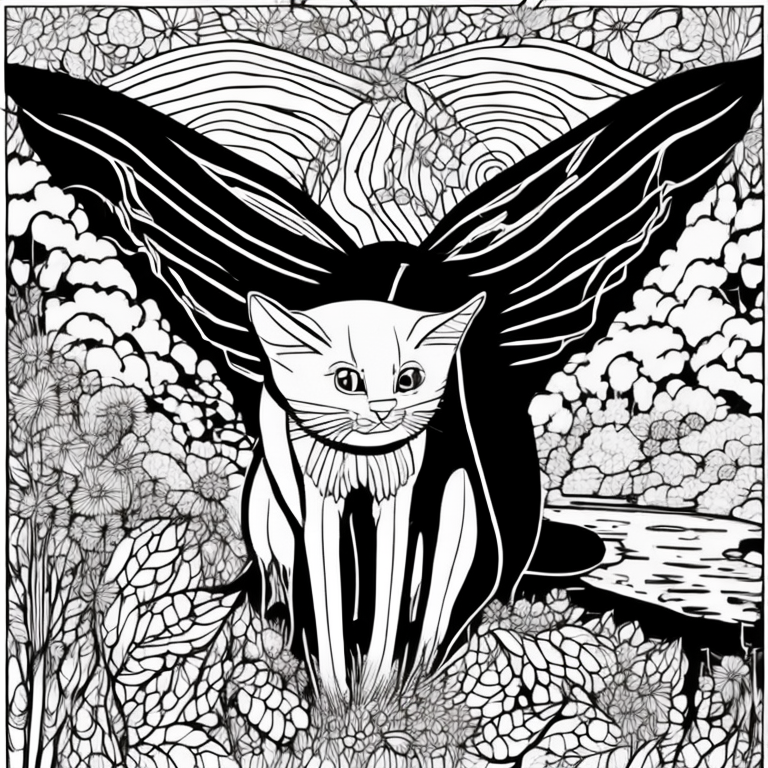 Design an adult coloring page showing the shadow cat beside a river of light, its wings reflecting the colors of the rainbow.