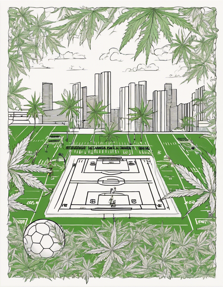 "Cannabis Field Touchdown": Visualize a football field where the green turf subtly transitions into cannabis leaves at the end zones. Footballs adorned with cannabis leaf patterns are scattered across the field, and the goalposts are designed to resemble towering cannabis plants. coloring page