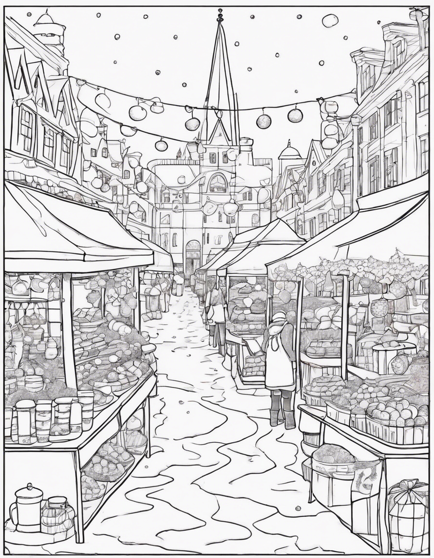 Create a coloring page of a winter market with stalls selling hot cocoa, snow globes, and holiday treats. Explore a watercolor painting style, adding soft and blended colors to create a dreamy atmosphere coloring page