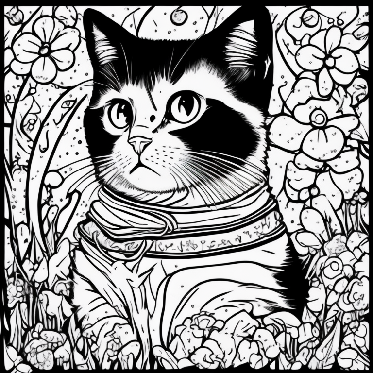 cat in a garden coloring page