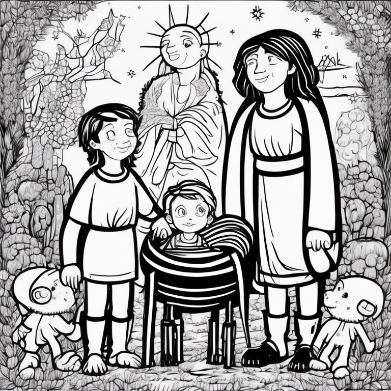 image of the birth of Jesus Christ with his parents, uncolored for coloring book. realistic style.