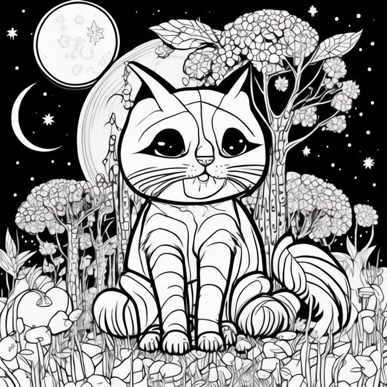 Design an adult coloring page featuring the shadow cat immersed in a moonlit lake, as it explores the realm of nocturnal waters. Incorporate a continuous line drawing style with simple lines, making it suitable for easy coloring. Convey the tranquility of the nighttime setting through minimalist details and a serene atmosphere. Present the image in black and white against a white background, aligning with the current aesthetic trends seen on platforms such as ArtStation. Ensure clear focus and intricate composition, offering colorists an engaging and meditative coloring experience.
