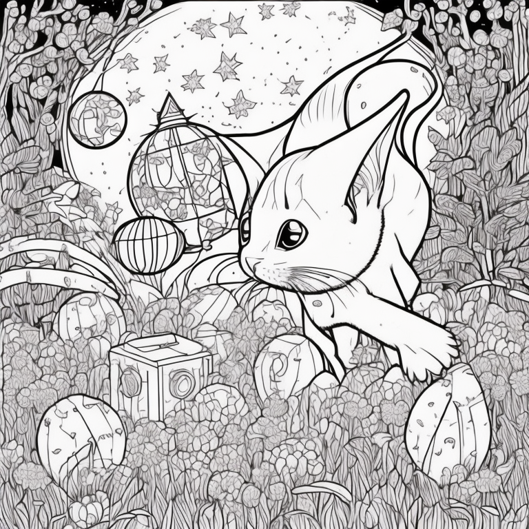 Design an adult coloring page capturing the shadow cat's presence during an ethereal moonlit ceremony. Illustrate the cat observing lanterns gently floating on a serene lake, casting a soft reflection. The atmosphere should evoke the feeling of ancestral spirits guided by lantern light. Craft the scene with intricate details, avoiding additional shading or colors to allow readers to immerse themselves in the magical ambiance while hand-coloring. coloring page