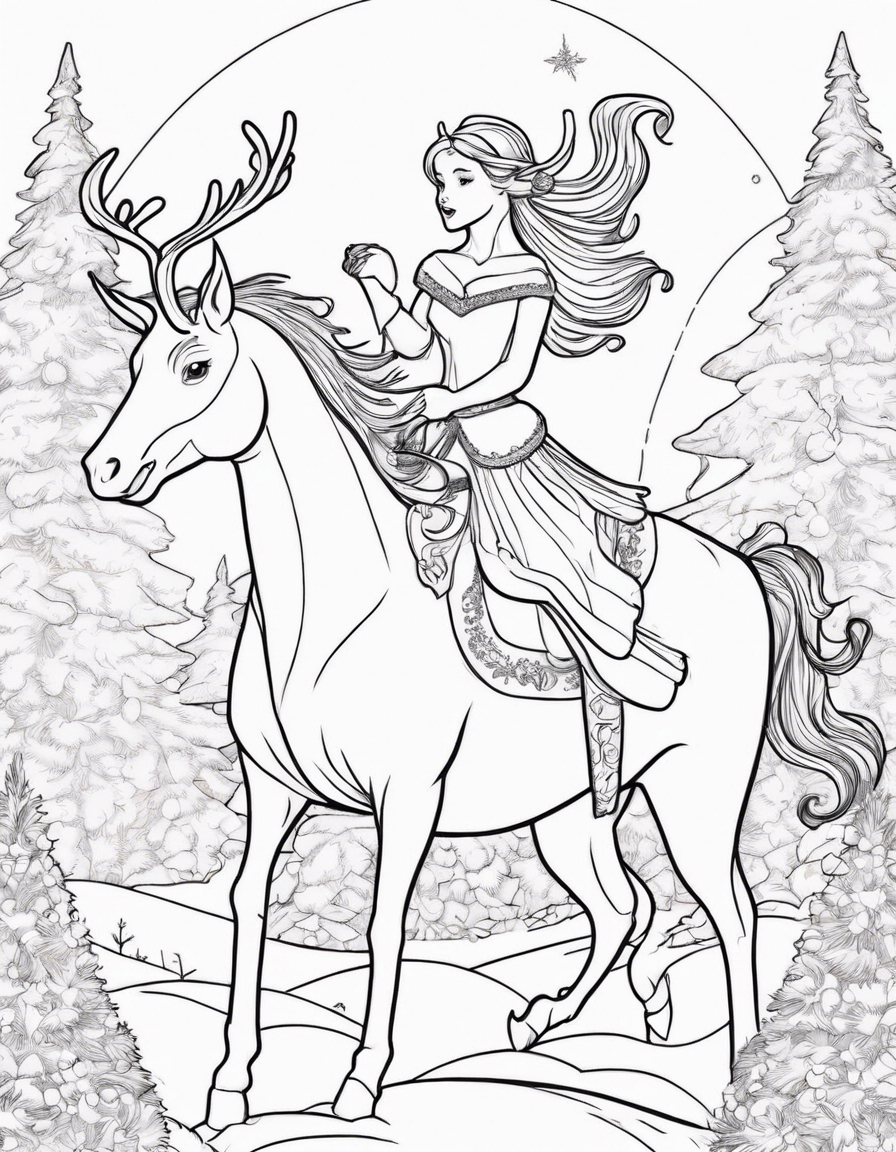 fairy riding unicorn with santa and reindeer coloring page