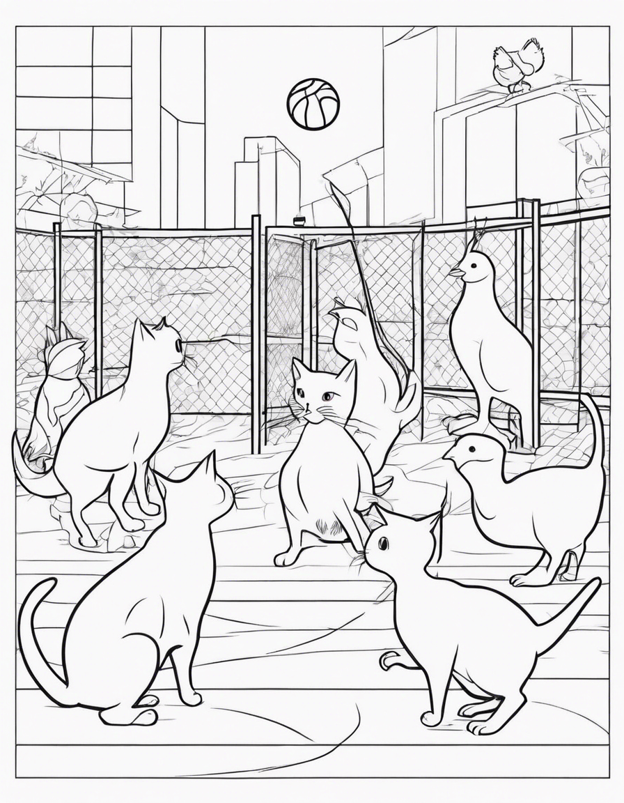 10 cats playing basketball with chickens as spectators coloring page