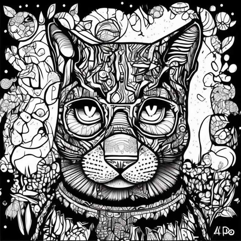Faça um desenho em estilo realista de um gato ao lado de uma estatua coloring page