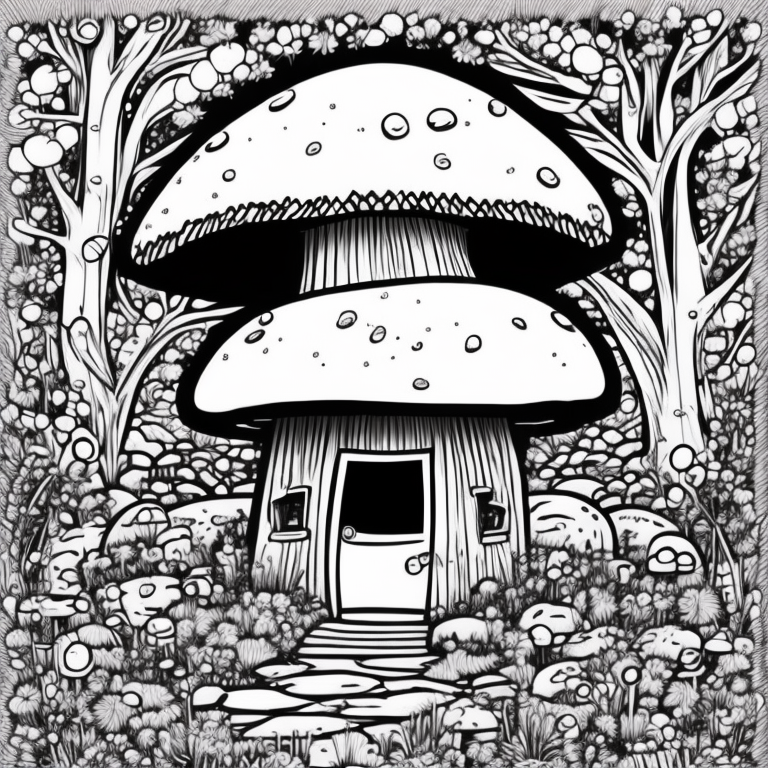 mushroom shaped house, cute coloring page