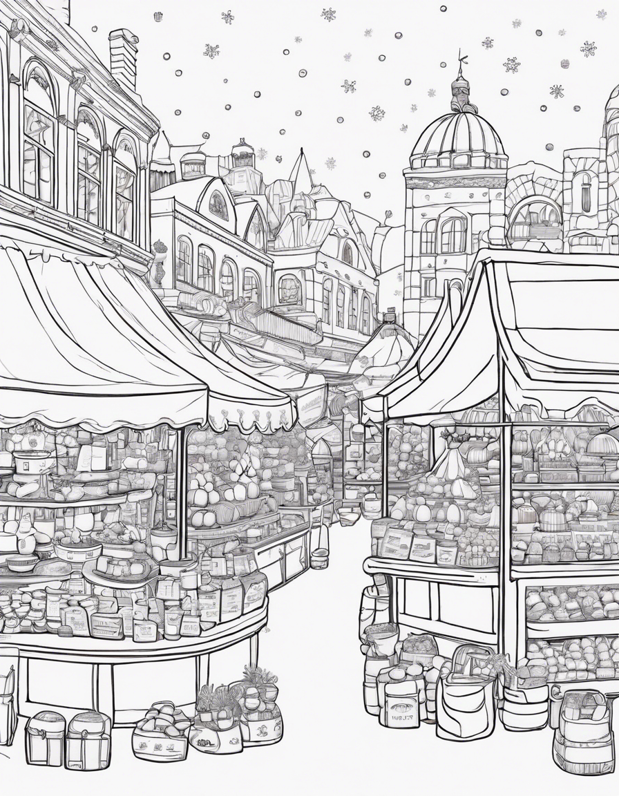 Create a coloring page of a winter market with stalls selling hot cocoa, snow globes, and holiday treats. Draw it in a detailed and realistic style, focusing on intricate market stalls and lifelike textures. coloring page